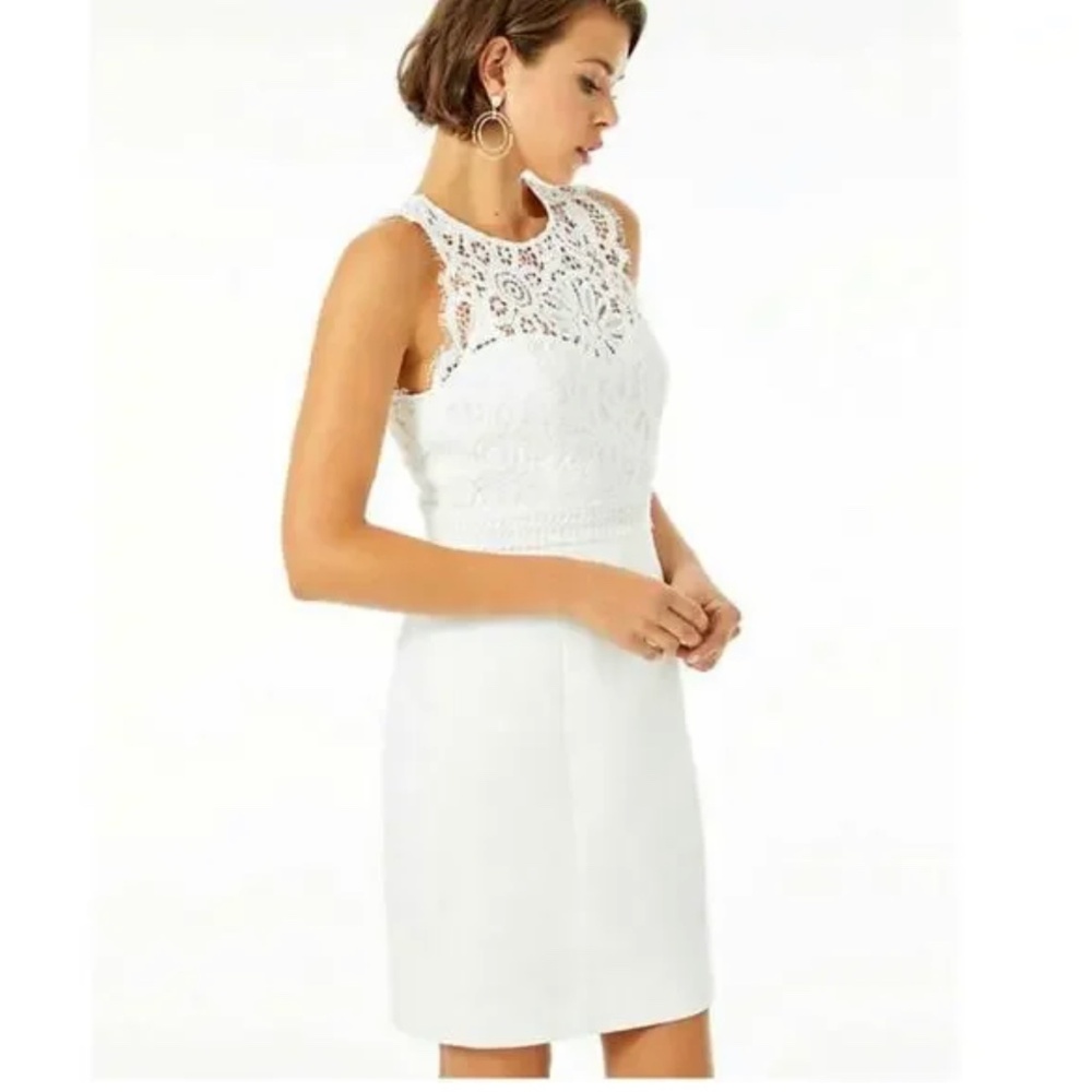 Lilly Pulitzer Sharice Lace Stretch Shift Dress in resort white.